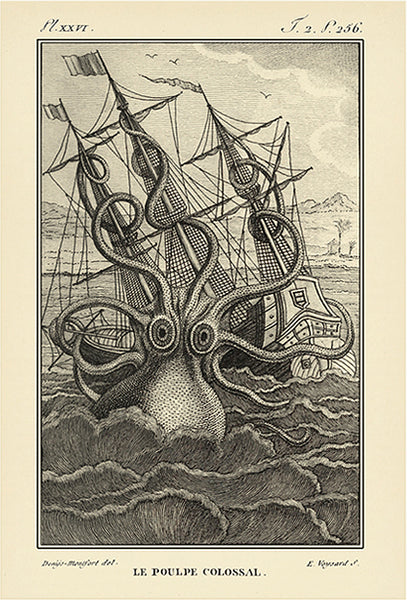 Gigantic Octopus, Kraken Attacks Sailing Ship, Art Print
